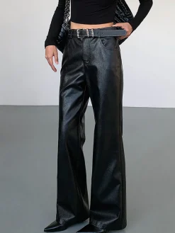 COMMENSE Pants^High-Waist PU Leather Pants Without Belt Black