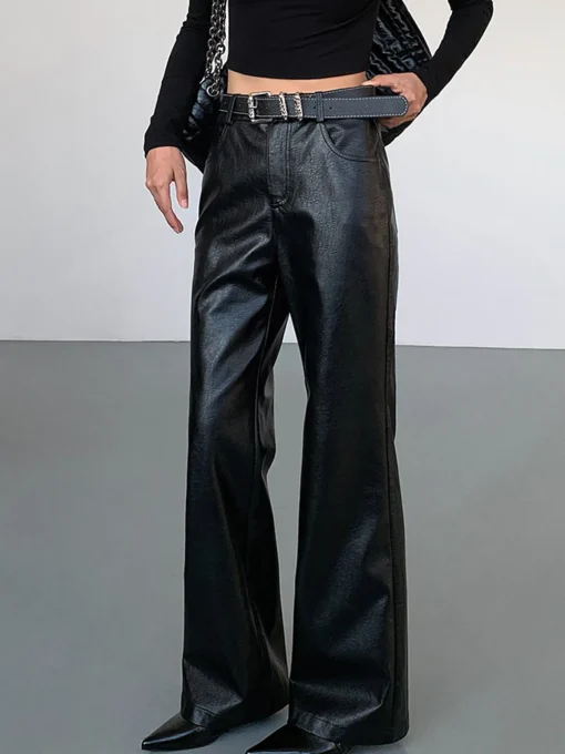 COMMENSE Pants^High-Waist PU Leather Pants Without Belt Black