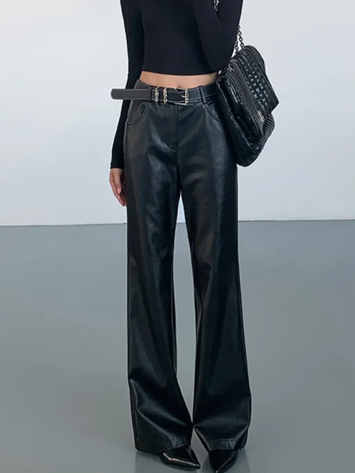 COMMENSE Pants^High-Waist PU Leather Pants Without Belt Black