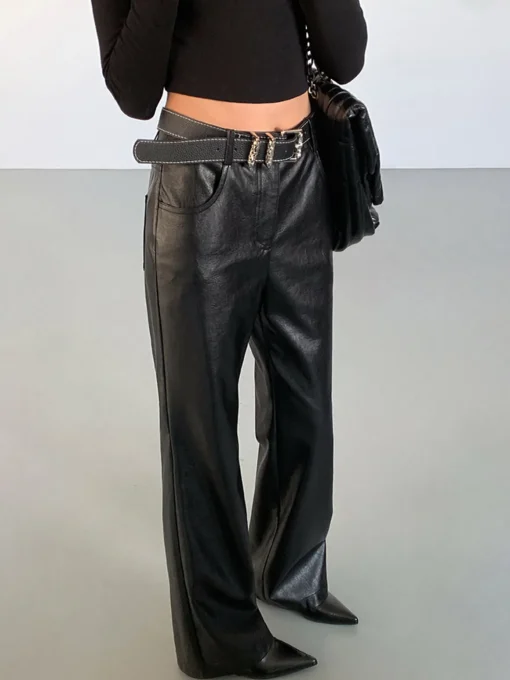 COMMENSE Pants^High-Waist PU Leather Pants Without Belt Black