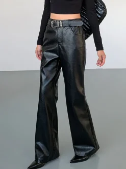 COMMENSE Pants^High-Waist PU Leather Pants Without Belt Black
