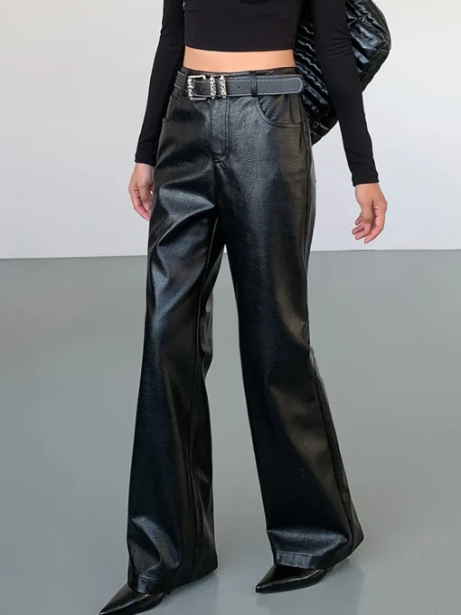 COMMENSE Pants^High-Waist PU Leather Pants Without Belt Black