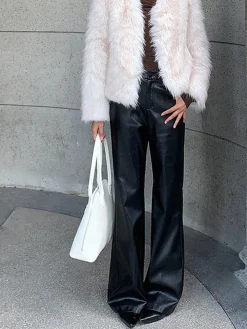 COMMENSE Pants^High-Waist PU Leather Pants Without Belt Black