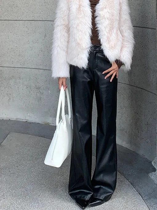 COMMENSE Pants^High-Waist PU Leather Pants Without Belt Black
