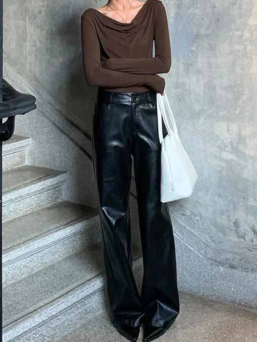 COMMENSE Pants^High-Waist PU Leather Pants Without Belt Black