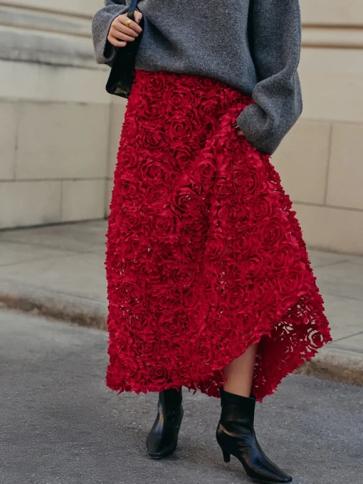 COMMENSE Skirts|Matching Sets^High-Waist Rosette Skirt Red