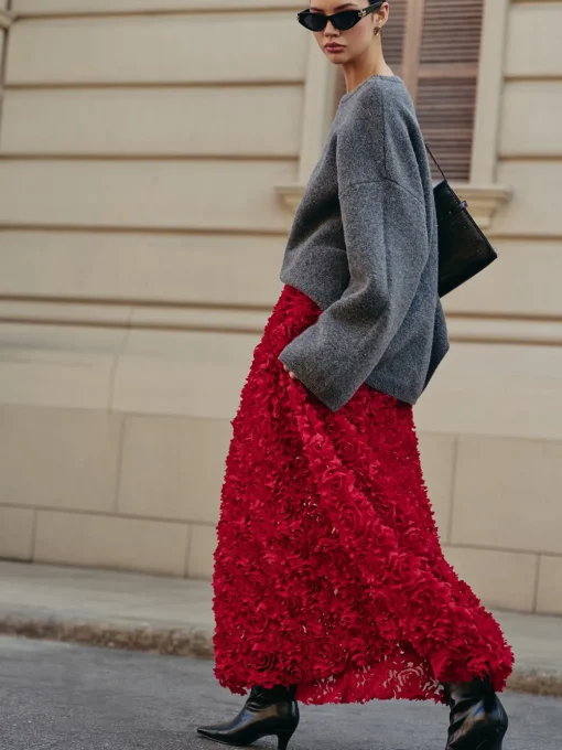 COMMENSE Skirts|Matching Sets^High-Waist Rosette Skirt Red