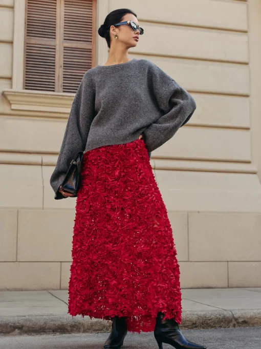 COMMENSE Skirts|Matching Sets^High-Waist Rosette Skirt Red