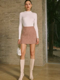 COMMENSE Bottoms^High-Waist Textu A-Line Zipper Skirt Red