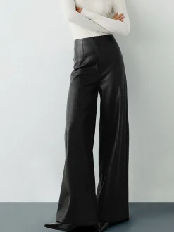 COMMENSE Pants|Bottoms^High-Wist PU Leather Wide-Leg Pants Black