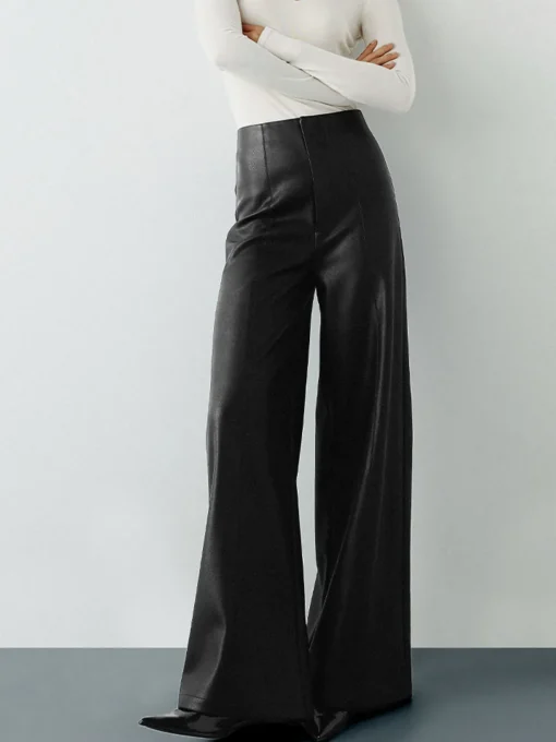 COMMENSE Pants|Bottoms^High-Wist PU Leather Wide-Leg Pants Black