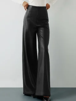 COMMENSE Pants|Bottoms^High-Wist PU Leather Wide-Leg Pants Black