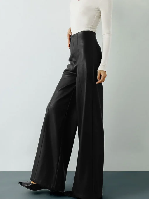 COMMENSE Pants|Bottoms^High-Wist PU Leather Wide-Leg Pants Black