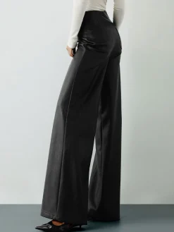 COMMENSE Pants|Bottoms^High-Wist PU Leather Wide-Leg Pants Black