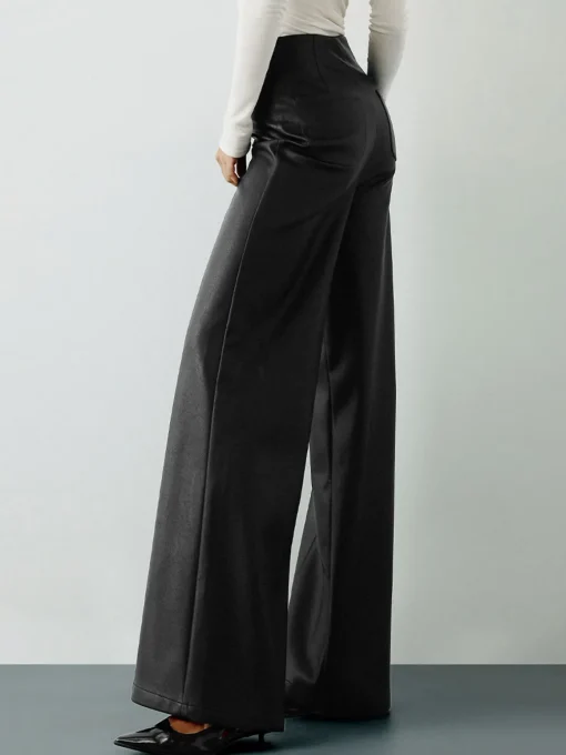 COMMENSE Pants|Bottoms^High-Wist PU Leather Wide-Leg Pants Black