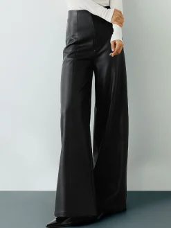 COMMENSE Pants|Bottoms^High-Wist PU Leather Wide-Leg Pants Black