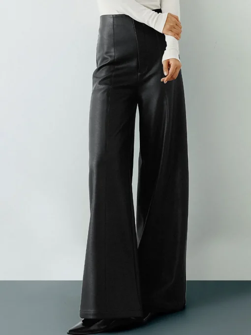 COMMENSE Pants|Bottoms^High-Wist PU Leather Wide-Leg Pants Black