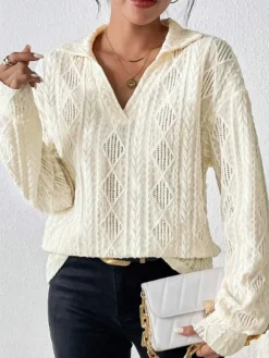 COMMENSE Blouses & Shirts|Tops^Hollow Crochet Polo Shirt Apricot