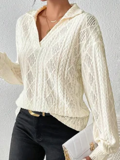 COMMENSE Blouses & Shirts|Tops^Hollow Crochet Polo Shirt Apricot