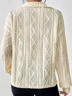 COMMENSE Blouses & Shirts|Tops^Hollow Crochet Polo Shirt Apricot