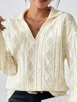 COMMENSE Blouses & Shirts|Tops^Hollow Crochet Polo Shirt Apricot