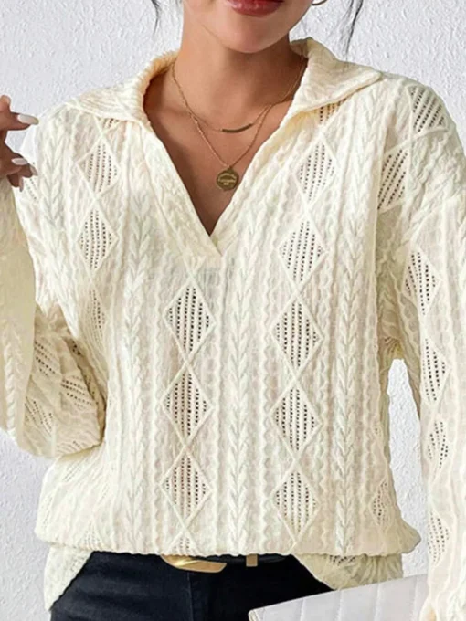 COMMENSE Blouses & Shirts|Tops^Hollow Crochet Polo Shirt Apricot