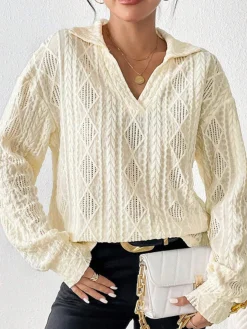 COMMENSE Blouses & Shirts|Tops^Hollow Crochet Polo Shirt Apricot