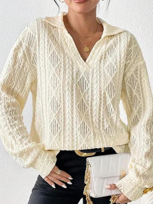 COMMENSE Blouses & Shirts|Tops^Hollow Crochet Polo Shirt Apricot