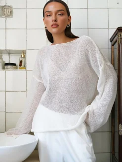 COMMENSE Sweater Tops|Sweaters & Cardigans^Hollow Draped Snug Knit Top White