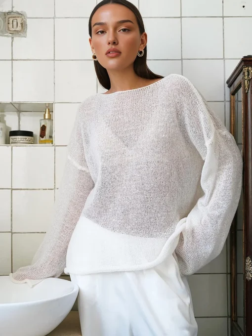 COMMENSE Sweater Tops|Sweaters & Cardigans^Hollow Draped Snug Knit Top White