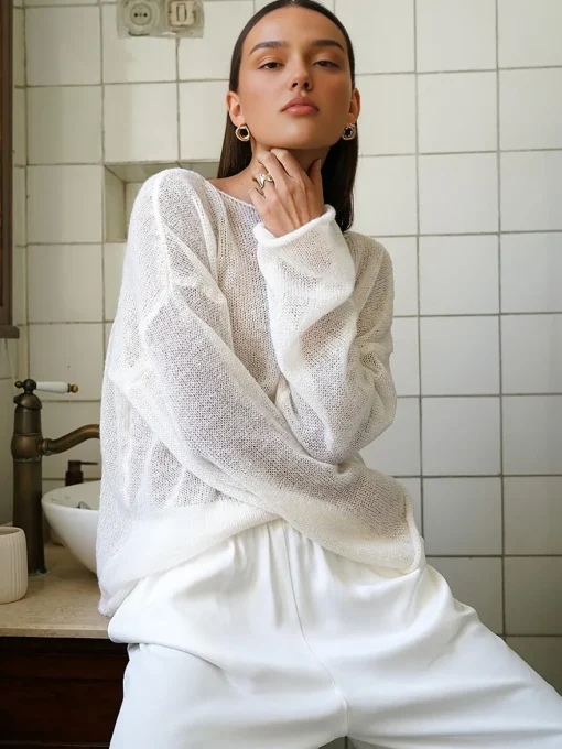 COMMENSE Sweater Tops|Sweaters & Cardigans^Hollow Draped Snug Knit Top White