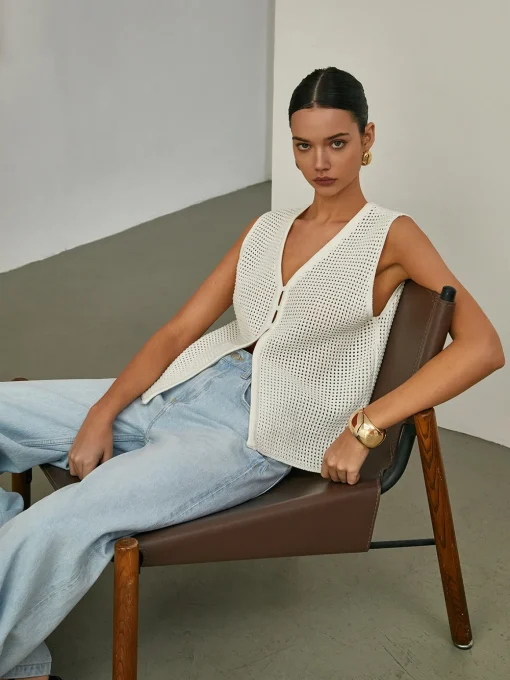 COMMENSE Cardigans|Sweaters & Cardigans^Hollow Sleeveless Knit Cardigan Off-White