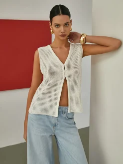COMMENSE Cardigans|Sweaters & Cardigans^Hollow Sleeveless Knit Cardigan Off-White