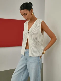 COMMENSE Cardigans|Sweaters & Cardigans^Hollow Sleeveless Knit Cardigan Off-White