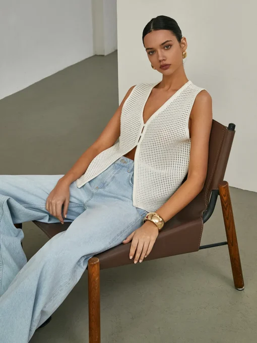 COMMENSE Cardigans|Sweaters & Cardigans^Hollow Sleeveless Knit Cardigan Off-White
