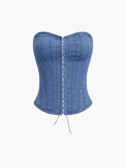 COMMENSE Tank Tops & Camis|Denim^Hook-and-Eye Tie Back Tube Denim Top Blue