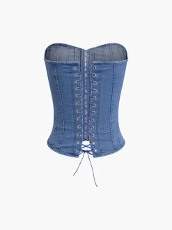 COMMENSE Tank Tops & Camis|Denim^Hook-and-Eye Tie Back Tube Denim Top Blue