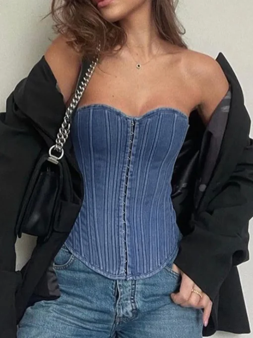 COMMENSE Tank Tops & Camis|Denim^Hook-and-Eye Tie Back Tube Denim Top Blue