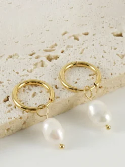 COMMENSE Earrings|Accessories^Hoop-Ring Pearl Drop Earrings Gold