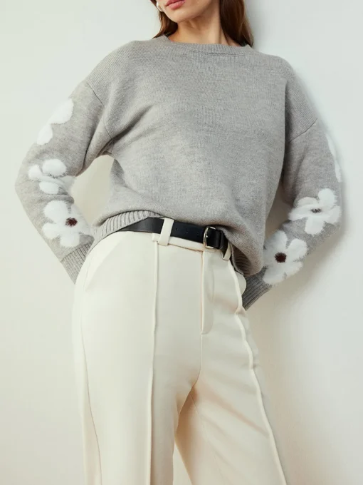 COMMENSE Sweater Tops|Sweaters & Cardigans^Jacquard Floral Knit Top LightGrey