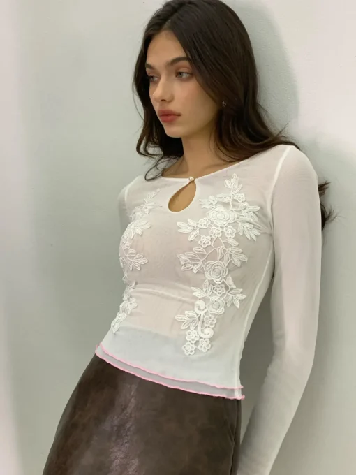 COMMENSE Blouses & Shirts|Tops^Keyhole Neckline Floral Mesh Blouse White