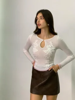 COMMENSE Blouses & Shirts|Tops^Keyhole Neckline Floral Mesh Blouse White