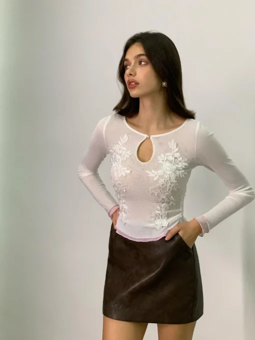COMMENSE Blouses & Shirts|Tops^Keyhole Neckline Floral Mesh Blouse White