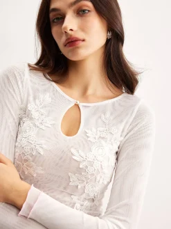 COMMENSE Blouses & Shirts|Tops^Keyhole Neckline Floral Mesh Blouse White