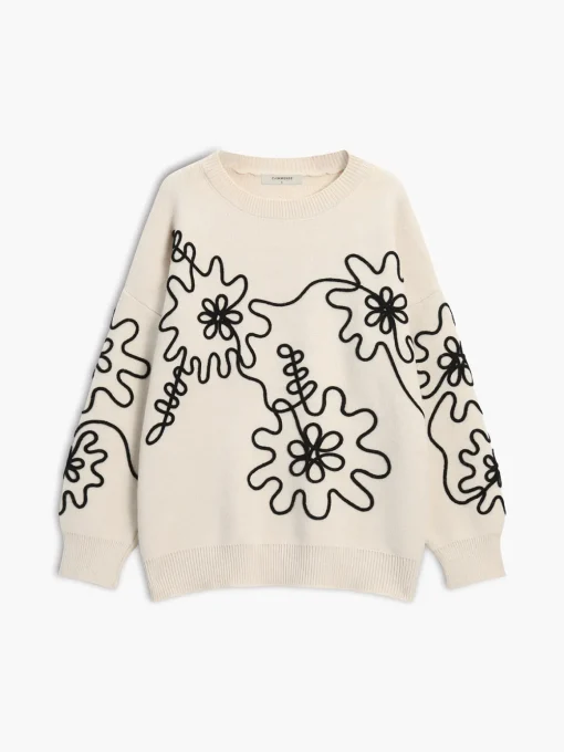 COMMENSE Sweater Tops|Sweaters & Cardigans^Knit Floral Oversized Sweater White