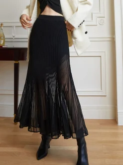 COMMENSE Skirts|Knitwear^Knit Pleated Semi-sheer Maxi Skirt Black