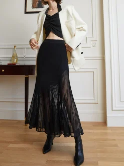 COMMENSE Skirts|Knitwear^Knit Pleated Semi-sheer Maxi Skirt Black