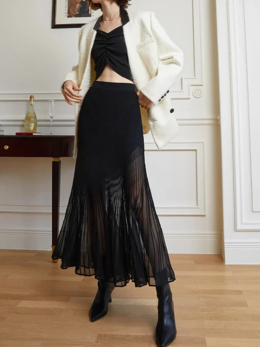 COMMENSE Skirts|Knitwear^Knit Pleated Semi-sheer Maxi Skirt Black