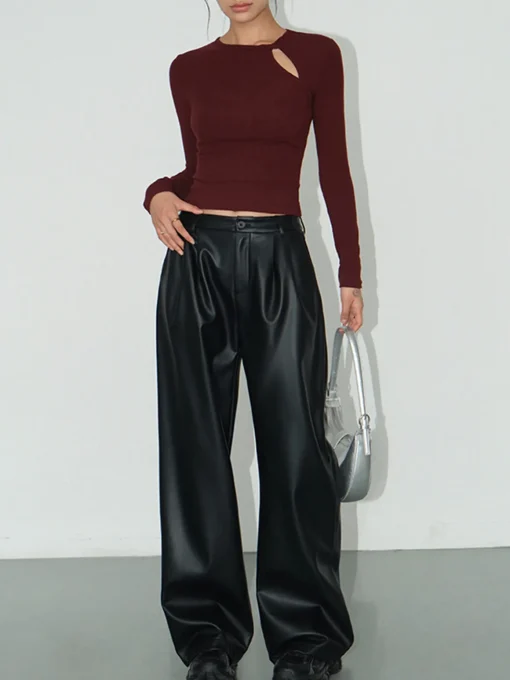 COMMENSE T-shirts|Tops^Knotted Cutout Skinny T-Shirt Burgundy