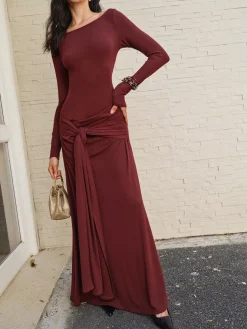 COMMENSE Casual Dresses|Cocktail & Party Dresses^Knotted Ruched Jersey Long Dress Burgundy